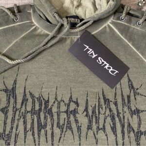 Oversized Dolls Kill Darker Waves Olive graphic hoodie with Distressing NWT XXS